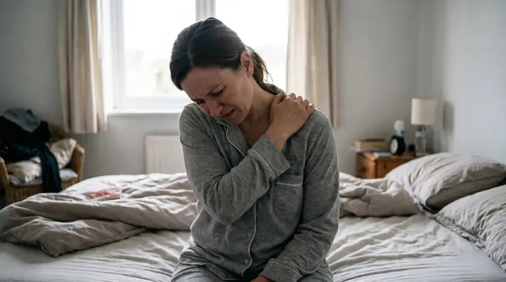 Woman wincing and holding her stiff shoulder at home