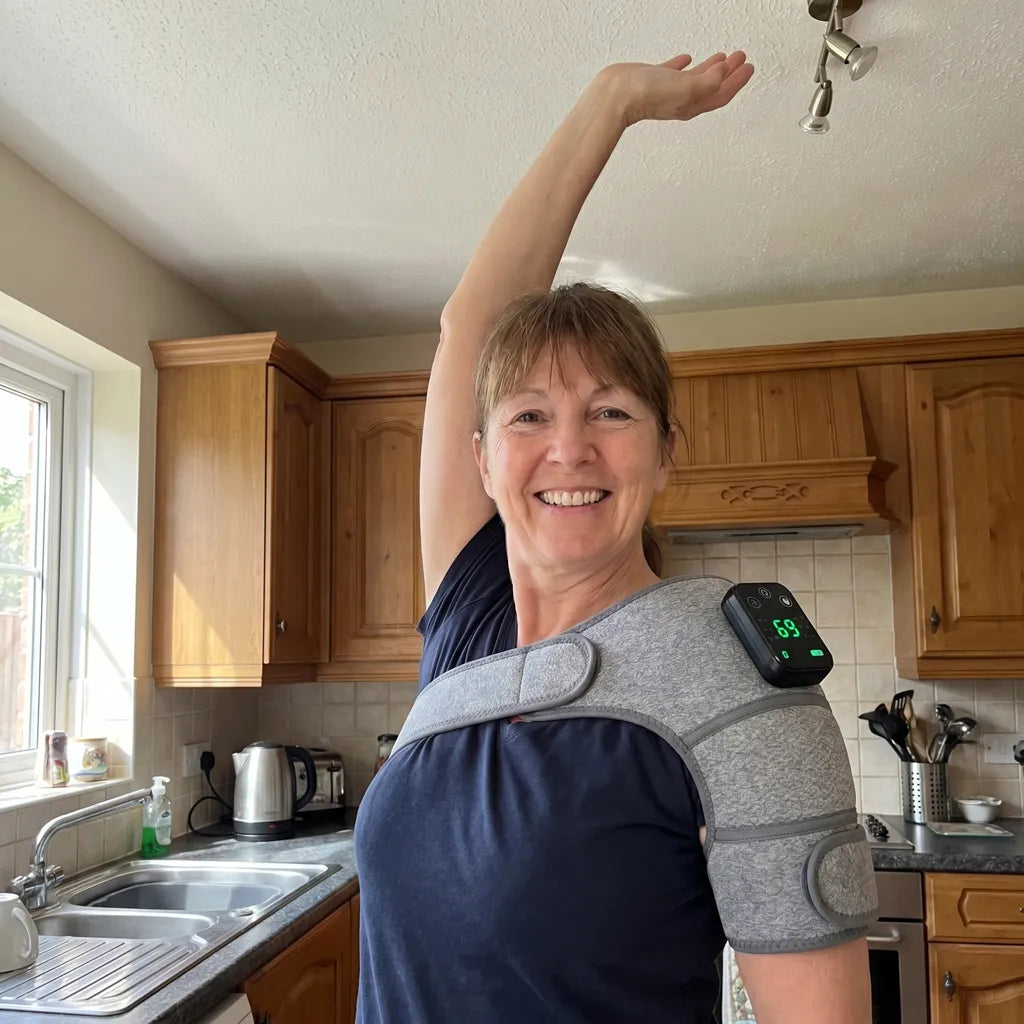 Woman raising her arm overhead comfortably while wearing SootheThera