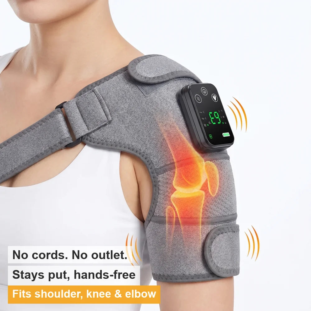 Woman relaxed on a couch wearing the cordless SootheThera shoulder wrap hands-free